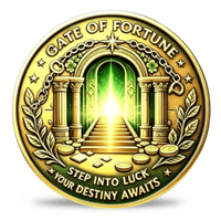 A round gold-colored coin with embossed text reading 'GATE OF FORTUNE' and 'STEP INTO LUCK YOUR DESTINY AWAITS,' featuring an illustrated pathway leading through a glowing green archway between two pillars, with stars, leaves, and coins around the border.
