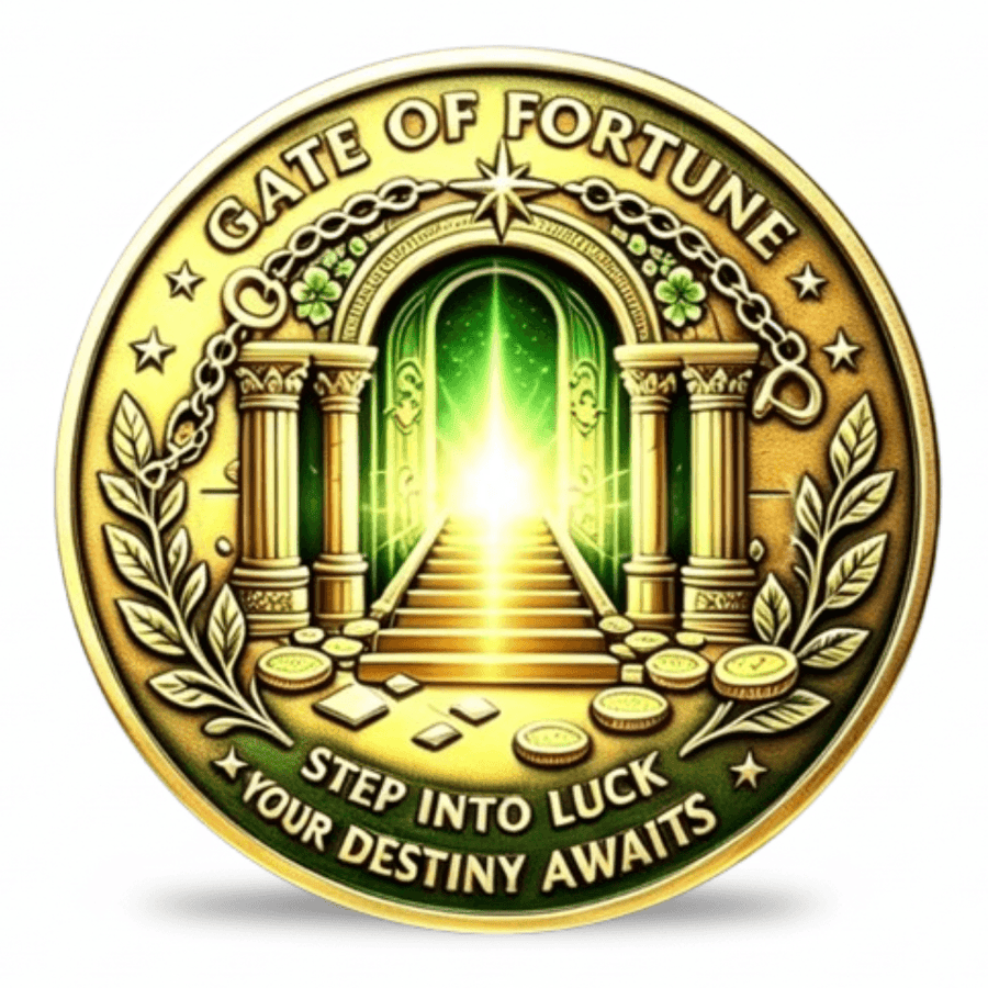 A round gold-colored coin with embossed text reading 'GATE OF FORTUNE' and 'STEP INTO LUCK YOUR DESTINY AWAITS,' featuring an illustrated pathway leading through a glowing green archway between two pillars, with stars, leaves, and coins around the border.