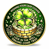 A circular St. Patrick's Day themed coin or medallion featuring a large green four-leaf clover in a wishing well, with the text 'WISHING FOUR LEAF CLOVER' at the top and 'LUCK IN THE WELL DREAMS COME TRUE' at the bottom. Available at one more coin store.