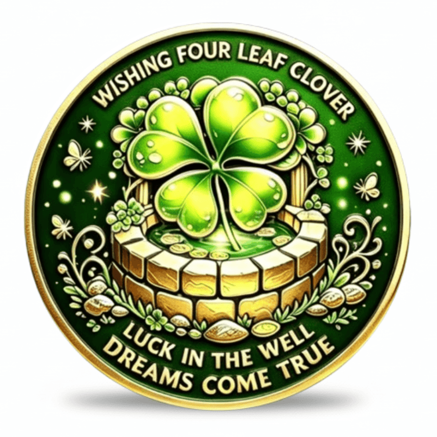 A circular St. Patrick's Day themed coin or medallion featuring a large green four-leaf clover in a wishing well, with the text 'WISHING FOUR LEAF CLOVER' at the top and 'LUCK IN THE WELL DREAMS COME TRUE' at the bottom. Available at one more coin store.