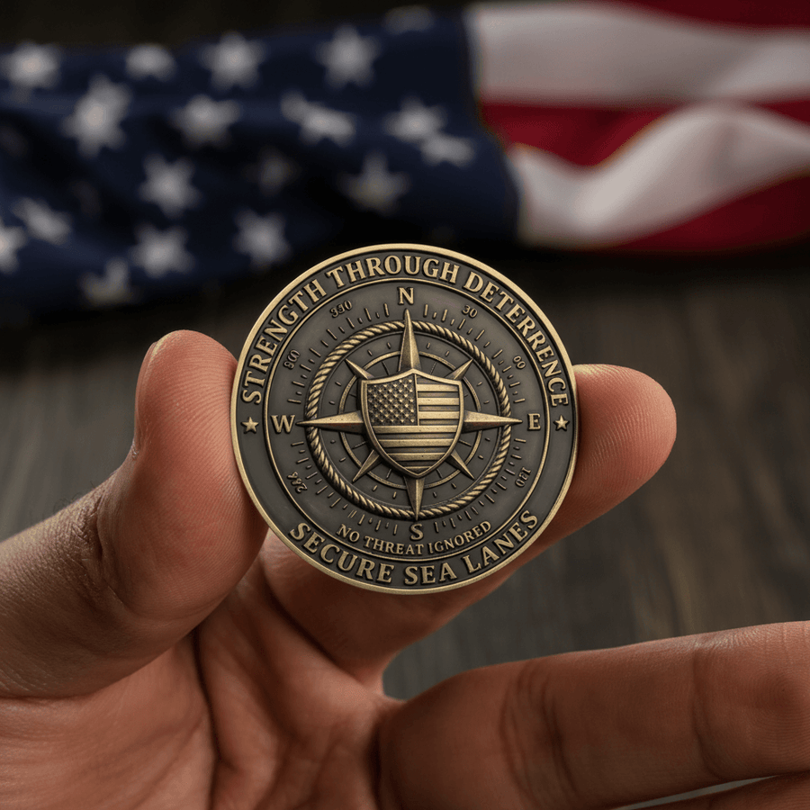 A hand holds a bronze military challenge coin featuring a compass and American flag emblem, with a blurred American flag in the background.