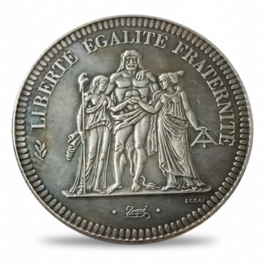 French 1973 20 Francs Hercules Dupré ESSAI replica coin obverse Liberty Equality Fraternity allegorical group French Republic collectible available at One More Coin store
