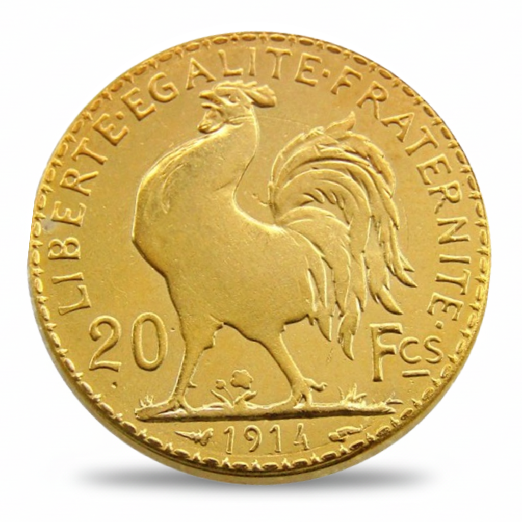 French 20 Franc 1914 Gallic Rooster Liberte Egalite Fraternite reverse historical collectible coin gift for collectors
