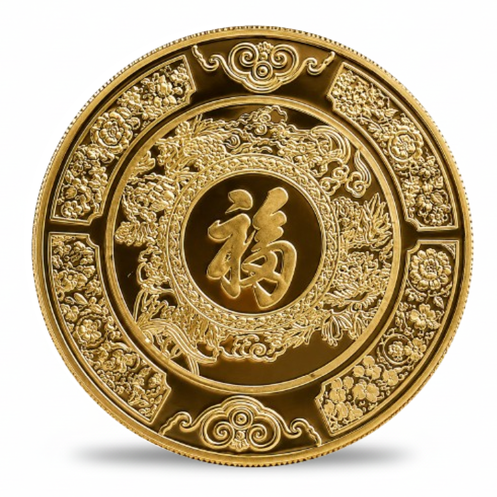 Fu fortune character dragon peony Chinese lucky charm collectible coin token reverse side

