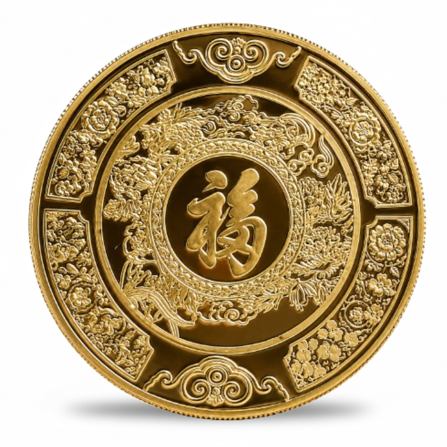 Fu fortune character dragon peony Chinese lucky charm collectible coin token reverse side
