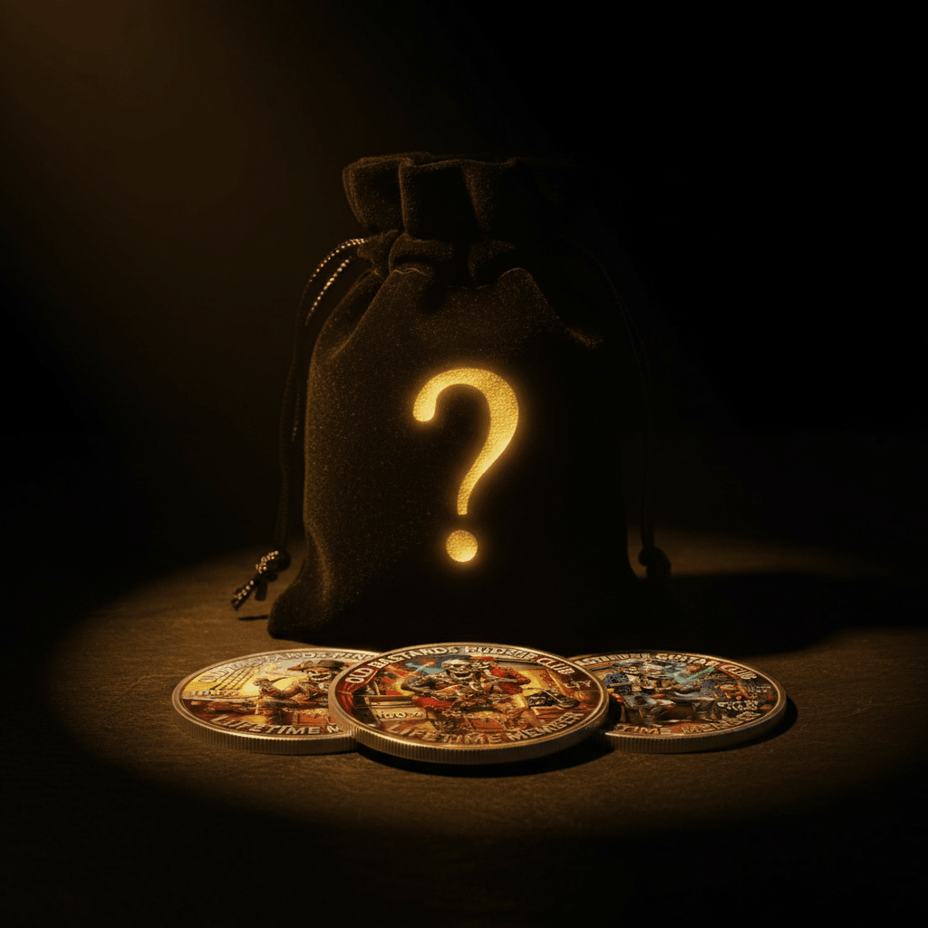 A dark drawstring pouch with a glowing gold question mark sits on a dimly lit surface, with three illustrated round tokens or coins placed in front. The scene is photographed in low light with dramatic shadows, creating an atmospheric product presentation.
