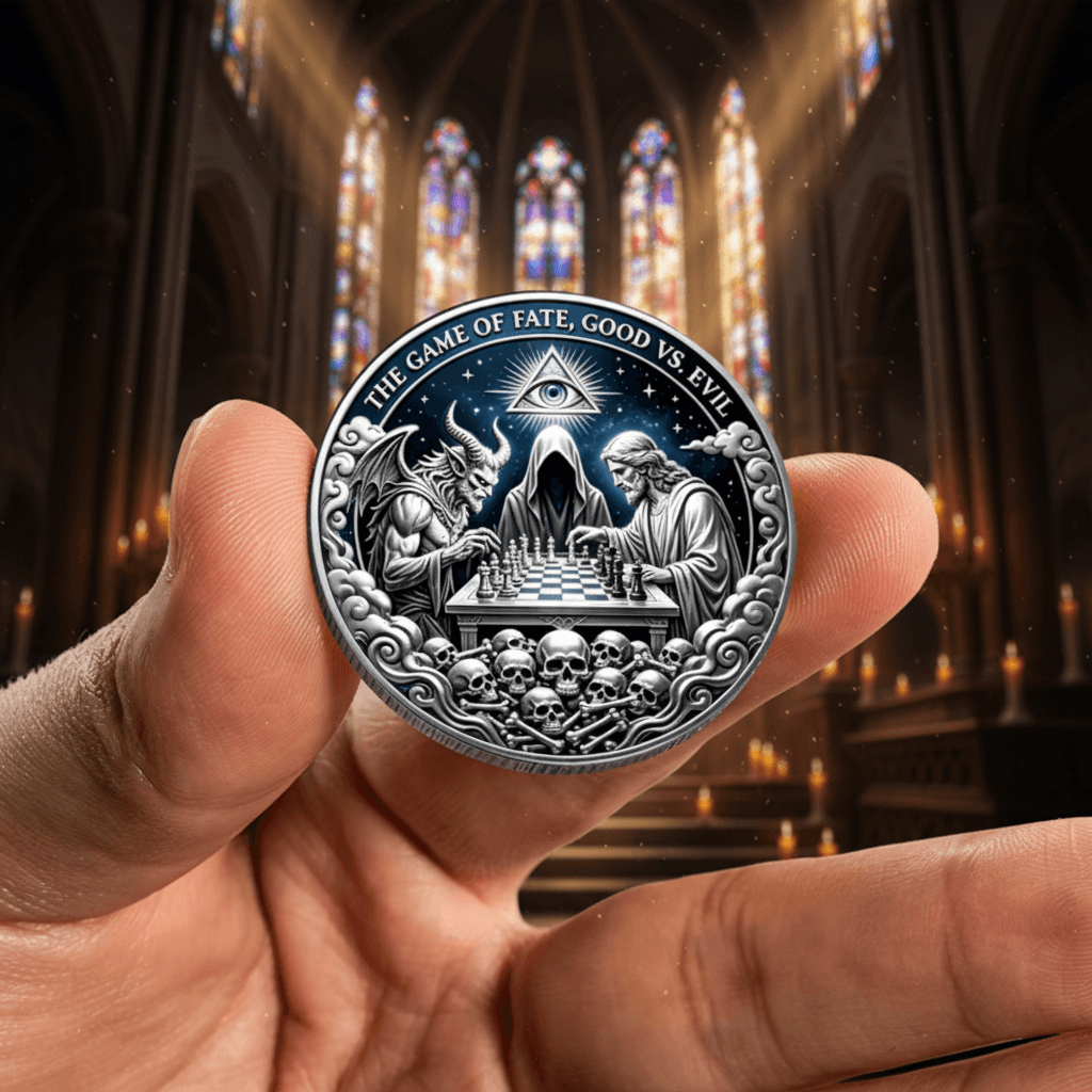 A silver-toned commemorative coin featuring a fantasy chess scene with an all-seeing eye, skulls, and the text 'THE GAME OF FATE, GOOD VS EVIL', held in a person's hand against a blurred gothic cathedral interior background.