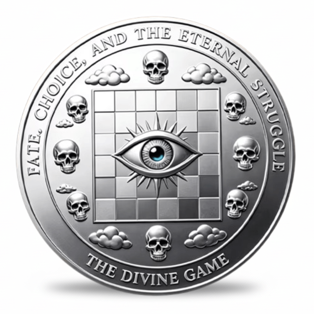 A round silver-toned coin featuring a central all-seeing eye above a chessboard, surrounded by skulls, clouds, and the engraved text 'FATE. CHOICE.