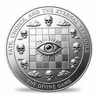 A round silver-toned coin featuring a central all-seeing eye above a chessboard, surrounded by skulls, clouds, and the engraved text 'FATE. CHOICE.