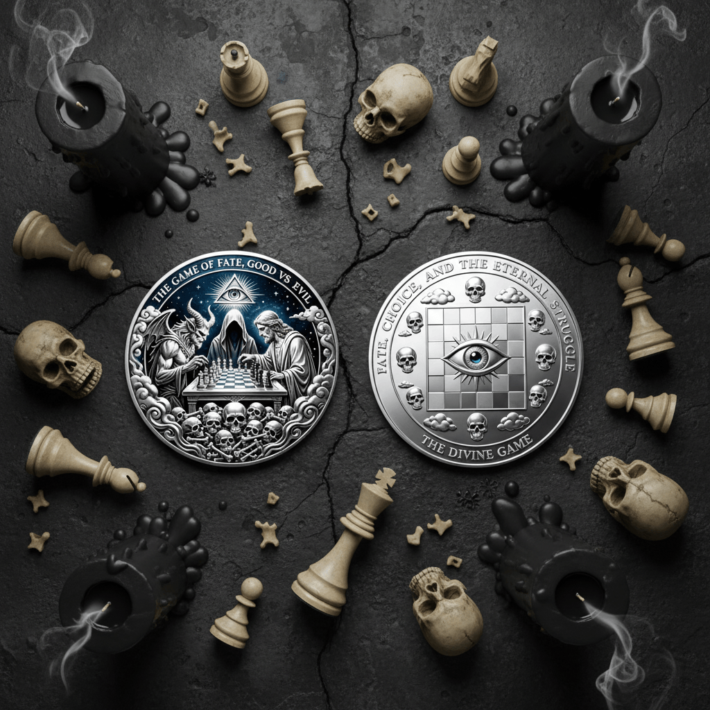 Two circular fantasy-themed coins are arranged on a dark cracked stone surface surrounded by skulls, chess pieces, candles, and small decorative stars. One coin is dark blue and silver with an illustrated scene, and the other is silver with an eye motif and text reading 'The Game of Fate Good or Evil' and 'The Game of Fate and the Eternal Throne.