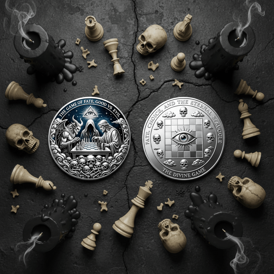 Two circular fantasy-themed coins are arranged on a dark cracked stone surface surrounded by skulls, chess pieces, candles, and small decorative stars. One coin is dark blue and silver with an illustrated scene, and the other is silver with an eye motif and text reading 'The Game of Fate Good or Evil' and 'The Game of Fate and the Eternal Throne.