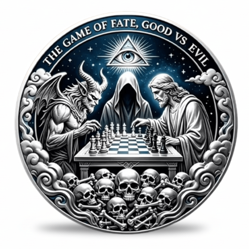 A circular silver-toned commemorative coin featuring a dark fantasy scene: a horned demon and a robed figure playing chess, with an all-seeing eye triangle above, skulls and bones below, and the text 'THE GAME OF FATE, GOOD VS EVIL' around the top edge. The coin is centered on a light gray background with a soft shadow underneath. Available at One more coin store.