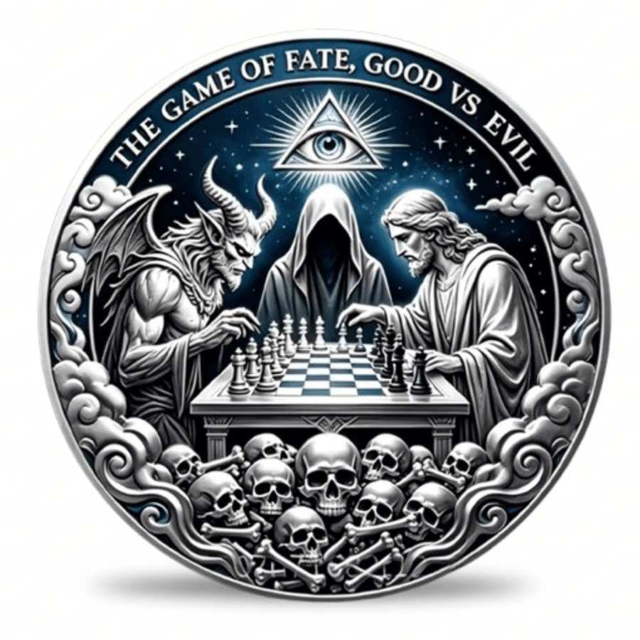 A circular silver-toned commemorative coin featuring a dark fantasy scene: a horned demon and a robed figure playing chess, with an all-seeing eye triangle above, skulls and bones below, and the text 'THE GAME OF FATE, GOOD VS EVIL' around the top edge. The coin is centered on a light gray background with a soft shadow underneath. Available at One more coin store.