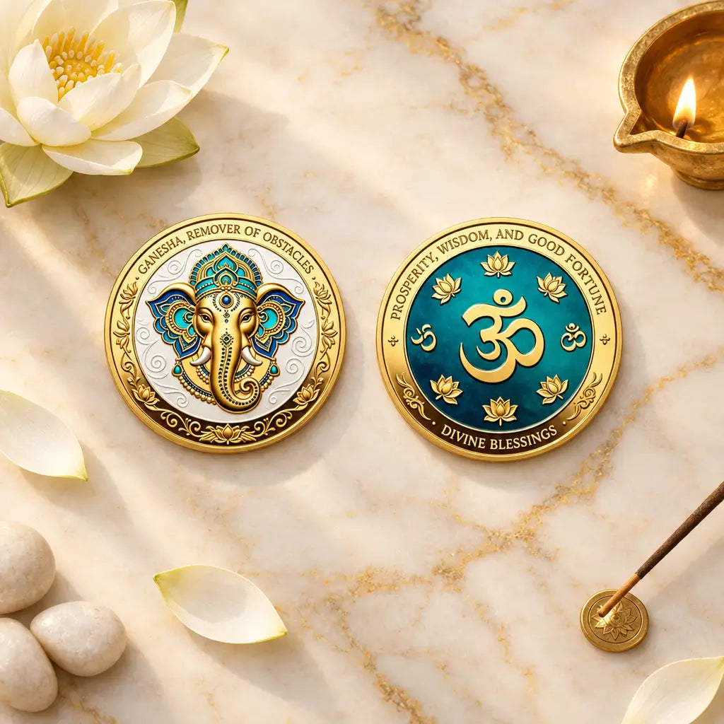 Ganesha Om Divine Blessings coin both sides overhead flat lay white marble lotus flower incense brass diya spiritual devotional Hindu collectible