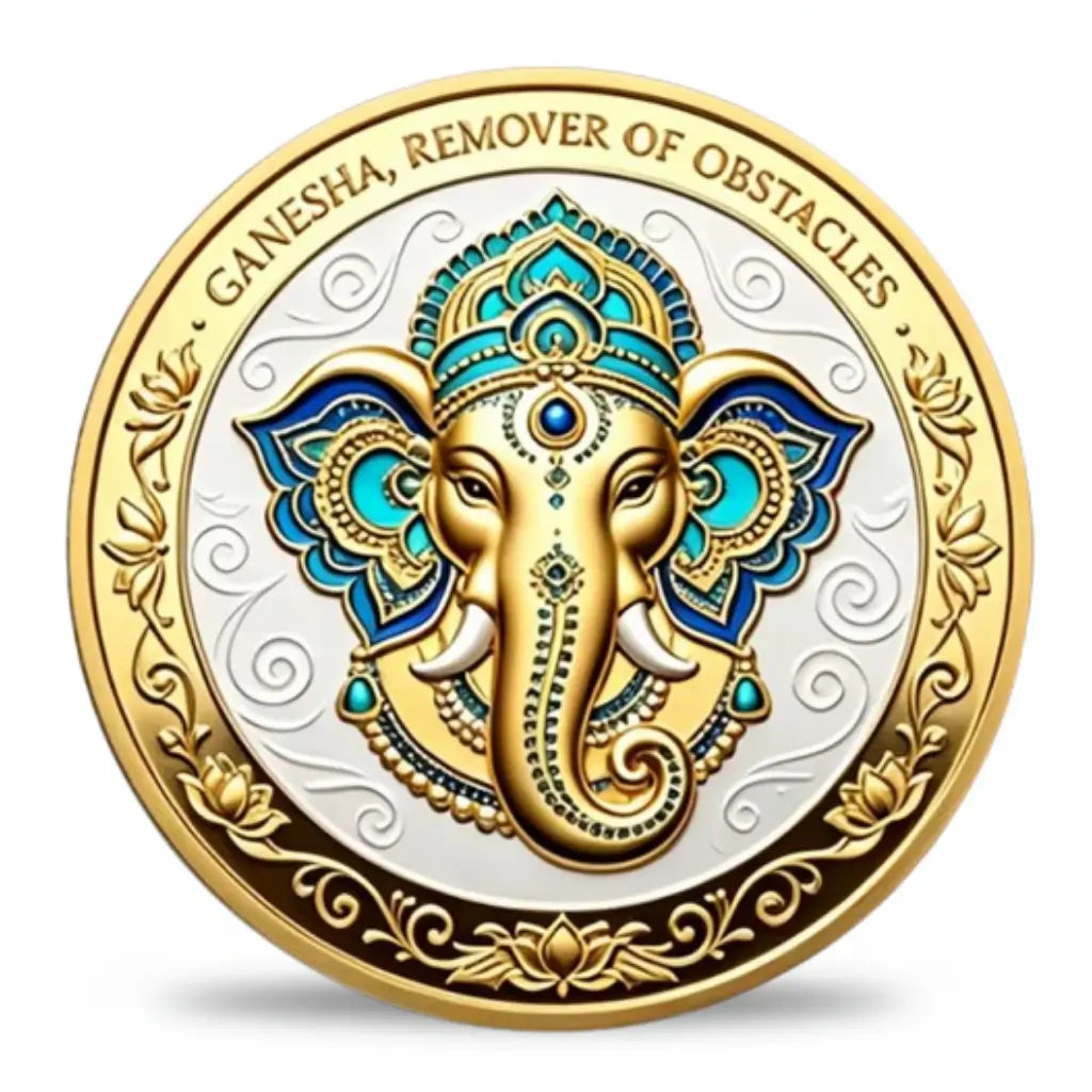 Ganesha Om Divine Blessings coin front face Ganesha elephant god portrait mandala ears sapphire third eye teal teardrop trunk gem ivory tusks pagoda crown pearl necklace gold swirl filigree pearlescent white enamel spiritual collectible available at One More Coin store