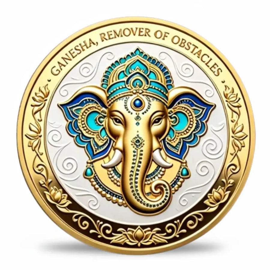 Ganesha Om Divine Blessings coin front face Ganesha elephant god portrait mandala ears sapphire third eye teal teardrop trunk gem ivory tusks pagoda crown pearl necklace gold swirl filigree pearlescent white enamel spiritual collectible available at One More Coin store