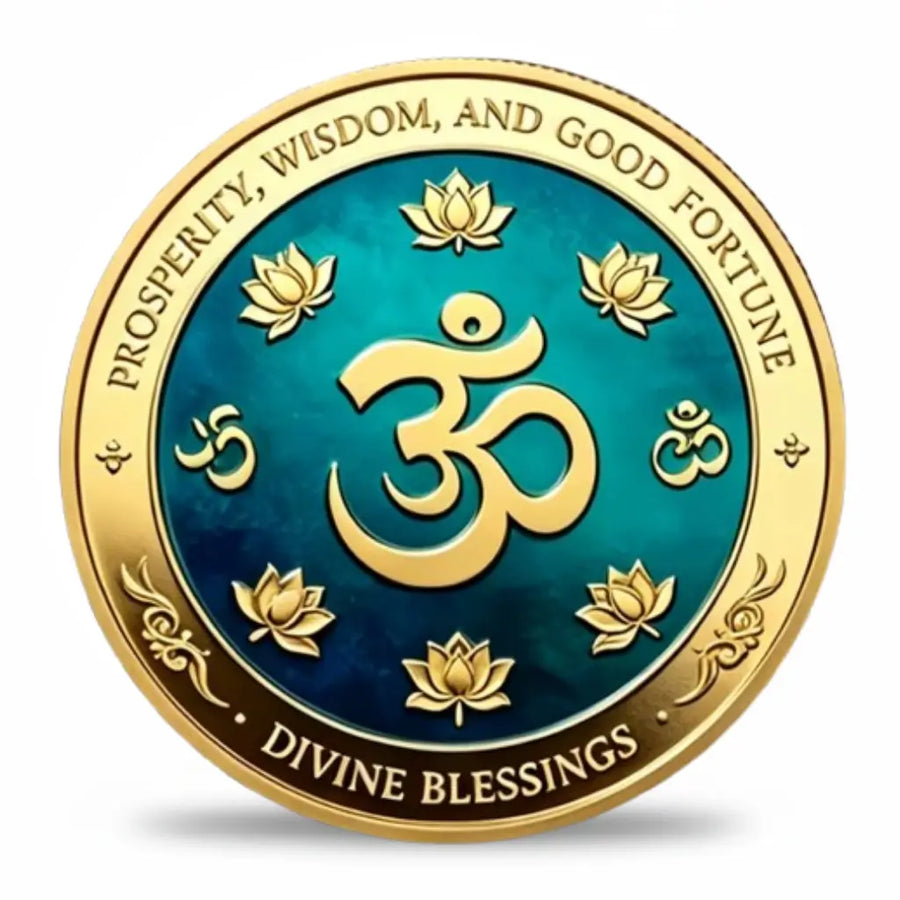Ganesha Om Divine Blessings coin reverse bold gold Om symbol eight raised gold lotus flowers two Om symbols teal cobalt blue gradient enamel divine blessings prosperity wisdom spiritual collectible token
