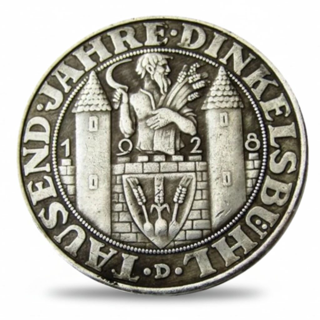German 1928 Dinkelsbühl commemorative collectible coin obverse showing medieval towers and heraldic shield available at One More Coin store
