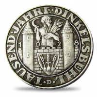 German 1928 Dinkelsbühl commemorative collectible coin obverse showing medieval towers and heraldic shield available at One More Coin store
