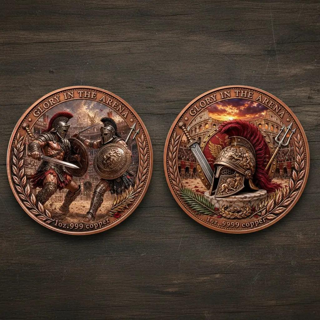 Two circular bronze-toned commemorative coins displayed side by side on a dark wood surface, showing the front and back of a gladiator design with detailed relief artwork and the text 'GLORY IN THE ARENA' and '1 oz, 999 copper.'.