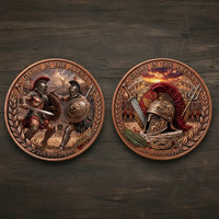 Two circular bronze-toned commemorative coins displayed side by side on a dark wood surface, showing the front and back of a gladiator design with detailed relief artwork and the text 'GLORY IN THE ARENA' and '1 oz, 999 copper.'.