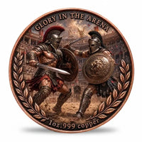 Glory in the Arena gladiator coin front face two gladiators in combat Colosseum arena sword lion shield dust crowd winged victory copper laurel wreath Roman collectible available at One More Coin store
