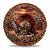 Glory in the Arena gladiator coin reverse crimson plumed helmet marble pedestal gladius sword trident red eagle shield Colosseum fiery sunset copper laurel wreath Roman collectible token
