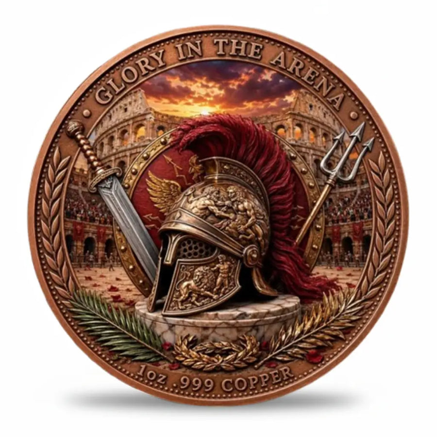 Glory in the Arena gladiator coin reverse crimson plumed helmet marble pedestal gladius sword trident red eagle shield Colosseum fiery sunset copper laurel wreath Roman collectible token
