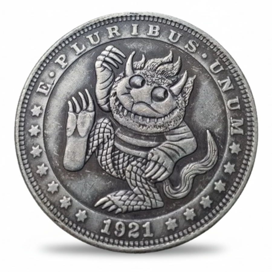 Goblin hobo nickel collectible coin antique silver horned scaled goblin Morgan dollar format Gothic fantasy gift for collectors available at One More Coin store
