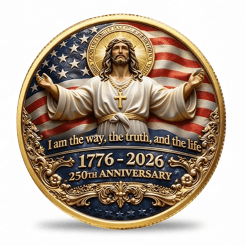 God Bless America Faith and Freedom 250th Anniversary collectible coin front featuring Jesus Christ with arms open American flag background and inscription I am the way the truth and the life 1776 to 2026 available at One More Coin store
