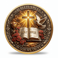 Reverse of God Bless America coin showing glowing cross Holy Bible open book white dove chalice and red roses with inscription God Bless America In God We Trust
