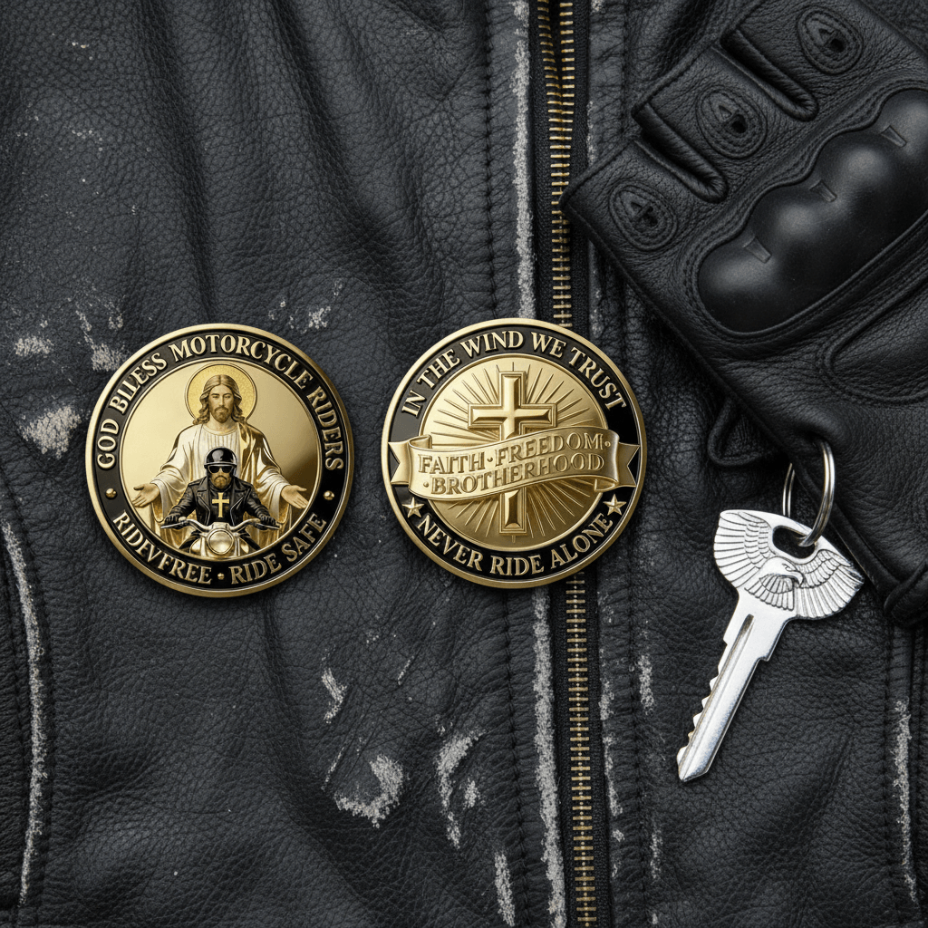 Two round gold-tone motorcycle-themed coins are displayed on a black leather jacket, alongside a black glove and a silver key. The left coin features an image of Jesus riding a motorcycle, and the right coin reads 'IN THE WIND WE TRUST' and 'FAITH-FREEDOM BROTHERHOOD' with a cross and 'NEVER RIDE ALONE'.