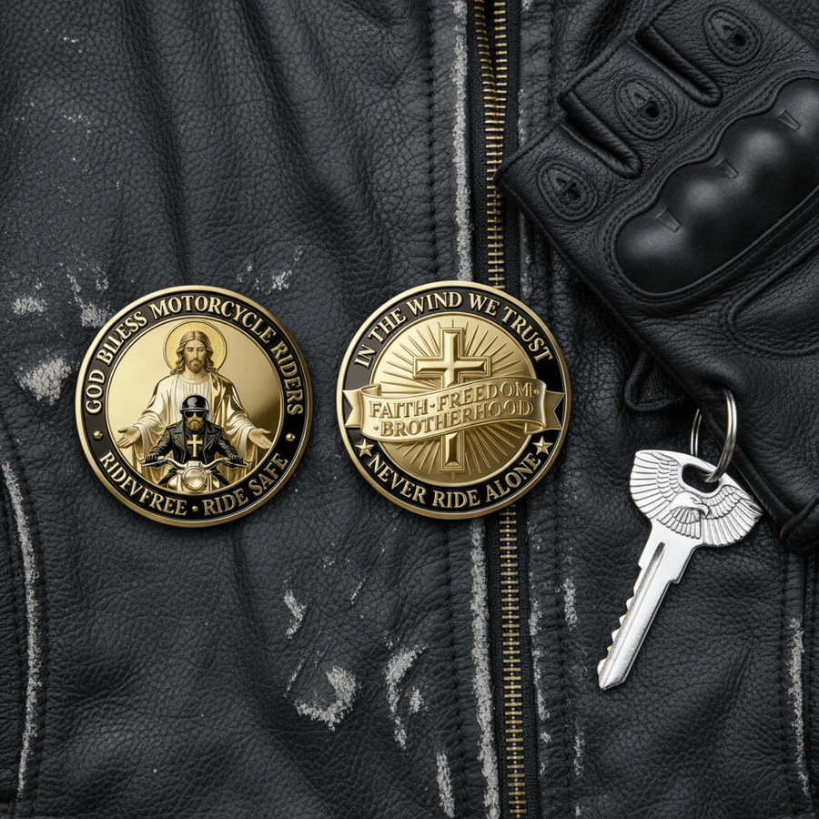 Two round gold-tone motorcycle-themed coins are displayed on a black leather jacket, alongside a black glove and a silver key. The left coin features an image of Jesus riding a motorcycle, and the right coin reads 'IN THE WIND WE TRUST' and 'FAITH-FREEDOM BROTHERHOOD' with a cross and 'NEVER RIDE ALONE'.