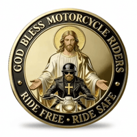 A circular gold and black motorcycle-themed coin featuring an illustration of Jesus behind a biker wearing a helmet and a cross necklace. The text around the edge reads 'GOD BLESS MOTORCYCLE RIDERS' and 'RIDE FREE • RIDE SAFE'. Available at one more coin store