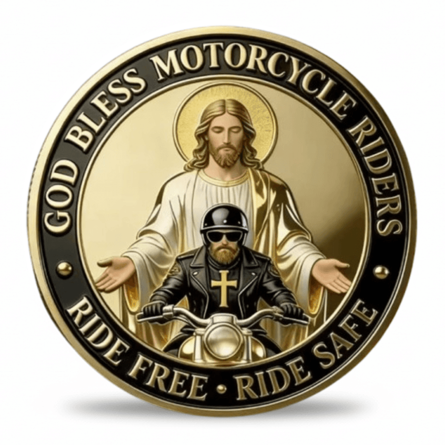 A circular gold and black motorcycle-themed coin featuring an illustration of Jesus behind a biker wearing a helmet and a cross necklace. The text around the edge reads 'GOD BLESS MOTORCYCLE RIDERS' and 'RIDE FREE • RIDE SAFE'. Available at one more coin store