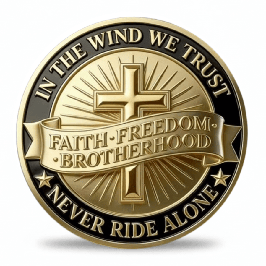 A circular gold and black commemorative coin featuring a raised cross, sunburst rays, and a banner reading “FAITH • FREEDOM • BROTHERHOOD.” The outer ring reads “IN THE WIND WE TRUST” and “NEVER RIDE ALONE.