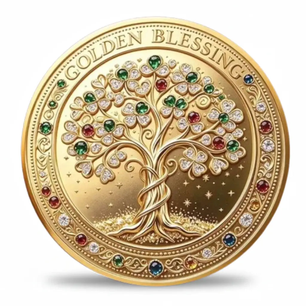 Golden Blessing coin reverse showing a decorative tree with an intertwining gold-tone trunk, clover-like leaves and red, green and clear jewel-style details. Small stars fill the background, with colourful jewel-like artwork and scrollwork around the rim beneath “GOLDEN BLESSING,” collectible token
