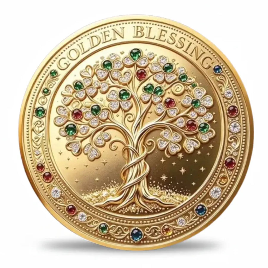 Golden Blessing coin reverse showing a decorative tree with an intertwining gold-tone trunk, clover-like leaves and red, green and clear jewel-style details. Small stars fill the background, with colourful jewel-like artwork and scrollwork around the rim beneath “GOLDEN BLESSING,” collectible token
