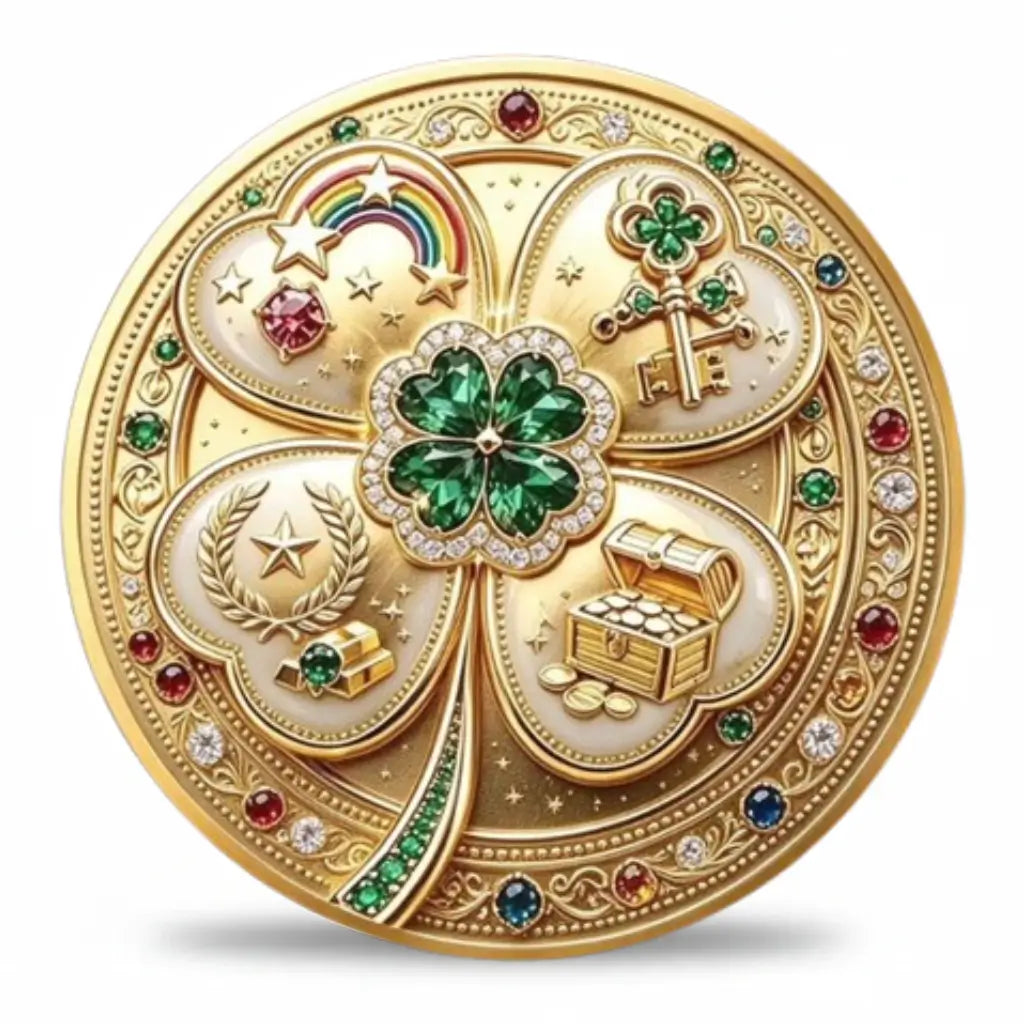 Gold-tone lucky charm coin with a green jewel-style four-leaf clover at the centre of four heart-shaped panels showing a rainbow, decorative keys, gold bars and an open treasure chest. Colourful jewel-like details and ornate scrollwork surround the border, available at One More Coin store