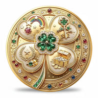 Gold-tone lucky charm coin with a green jewel-style four-leaf clover at the centre of four heart-shaped panels showing a rainbow, decorative keys, gold bars and an open treasure chest. Colourful jewel-like details and ornate scrollwork surround the border, available at One More Coin store