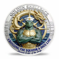 Golden Shellback sea turtle sailor cap gold dragon compass rose collectible coin front face antique silver blue enamel equator crossing naval collectible available at One More Coin store
