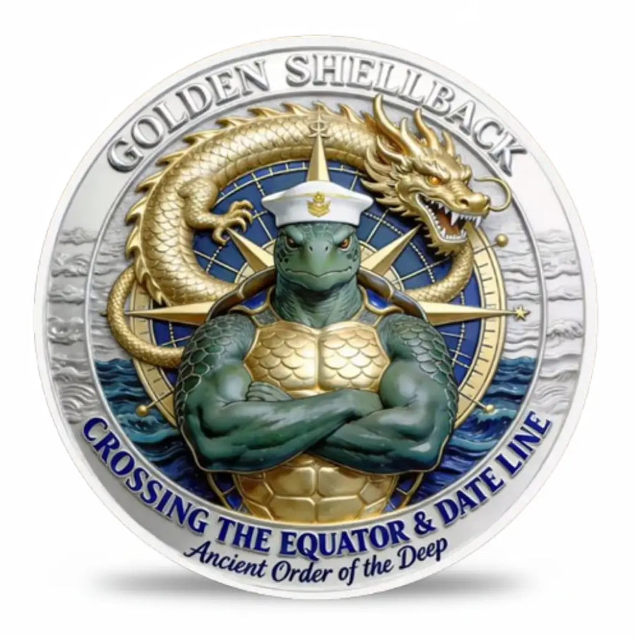 Golden Shellback sea turtle sailor cap gold dragon compass rose collectible coin front face antique silver blue enamel equator crossing naval collectible available at One More Coin store
