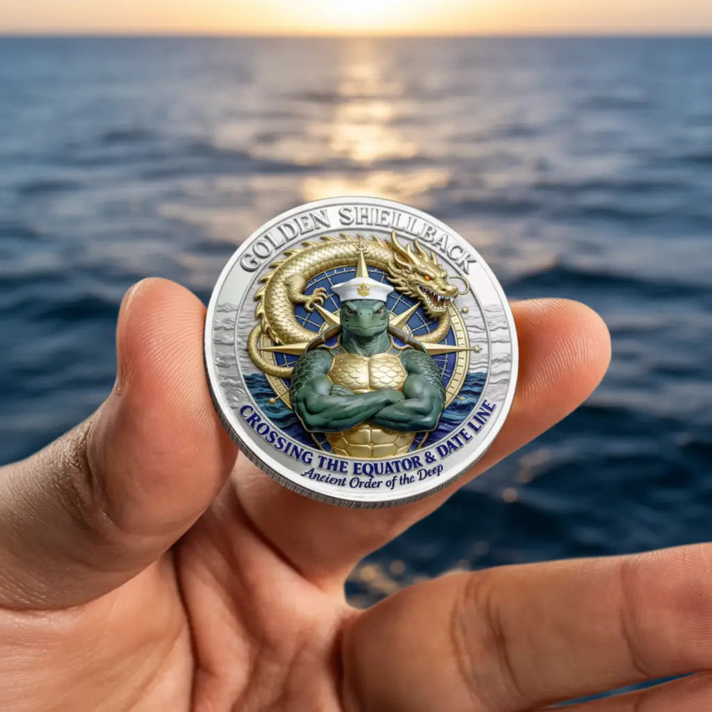 A hand holds a round commemorative coin featuring a green turtle and gold dragon design, with the text 'GOLDEN SHELL BACK' and 'CROSSING THE EQUATOR & DATE LINE ancient Order of the Sea,' against a blurred ocean background at sunset.