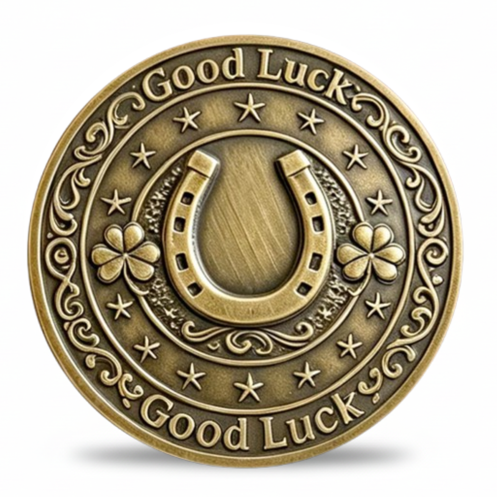 Good Luck horseshoe and shamrock antique gold collectible coin token with stars and Celtic scrollwork
