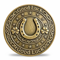 Good Luck horseshoe and shamrock antique gold collectible coin token with stars and Celtic scrollwork
