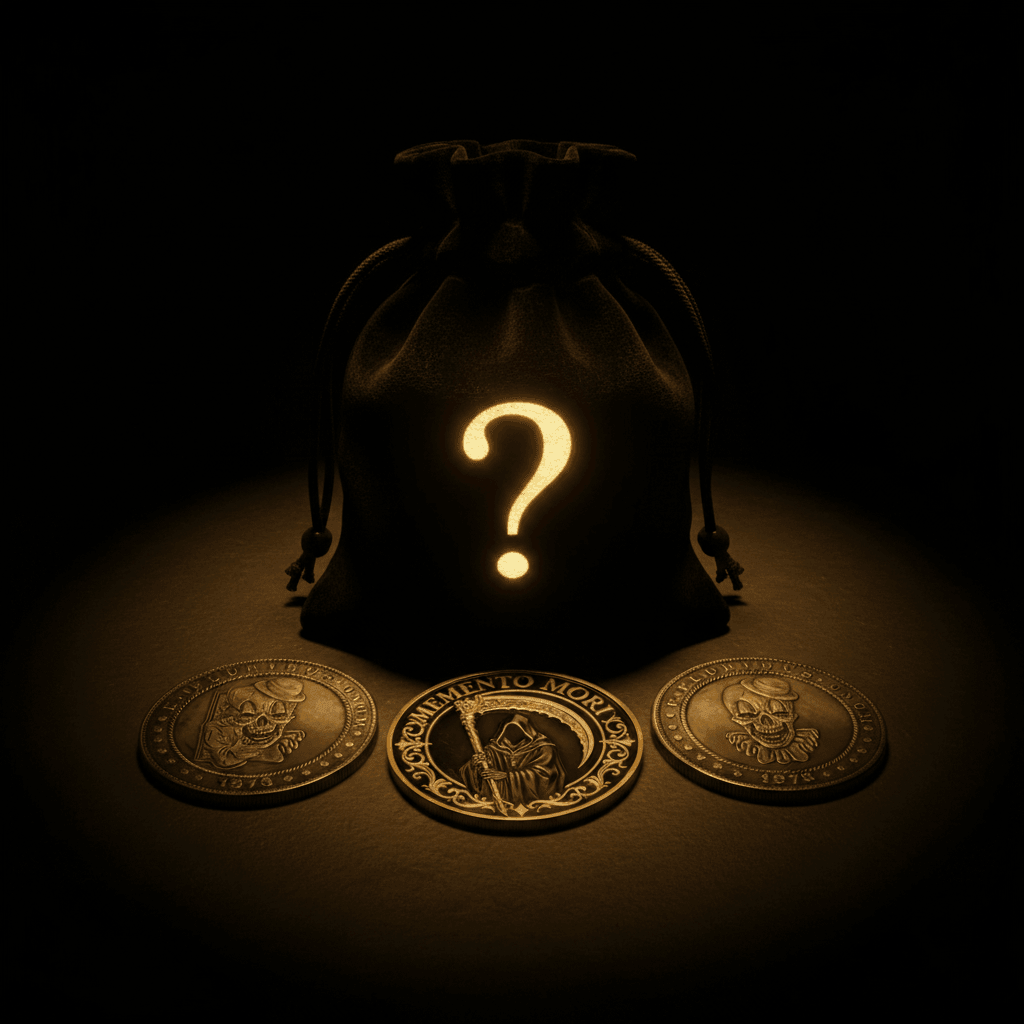 A black drawstring pouch glowing with a warm golden question mark, with three ornate gothic coins arranged in front on a dark surface.