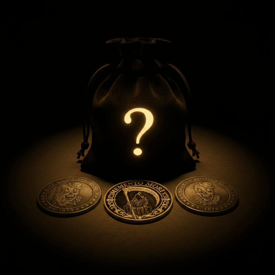 A black drawstring pouch glowing with a warm golden question mark, with three ornate gothic coins arranged in front on a dark surface.