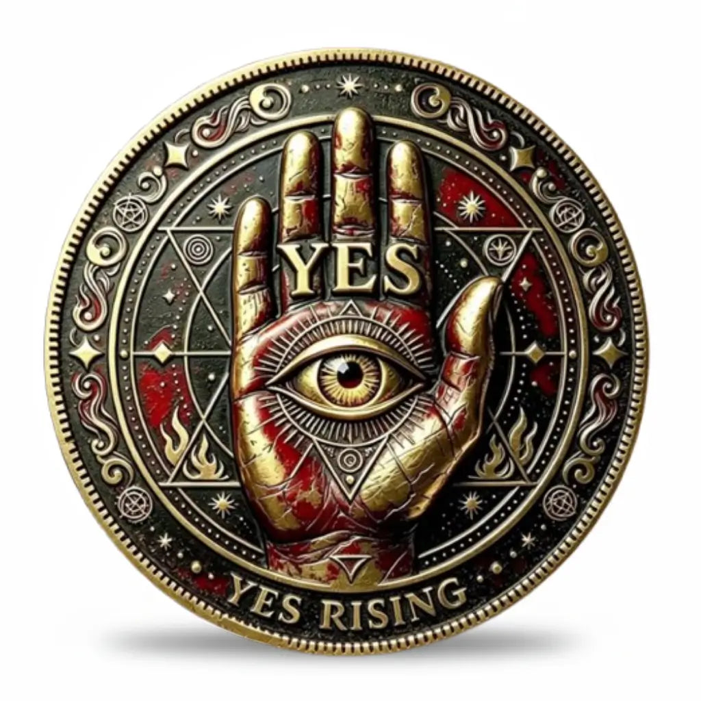 Gothic YES coin with an eye in an upright hand, red accents and “YES RISING,” available at One More Coin store
