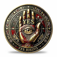 Gothic YES coin with an eye in an upright hand, red accents and “YES RISING,” available at One More Coin store