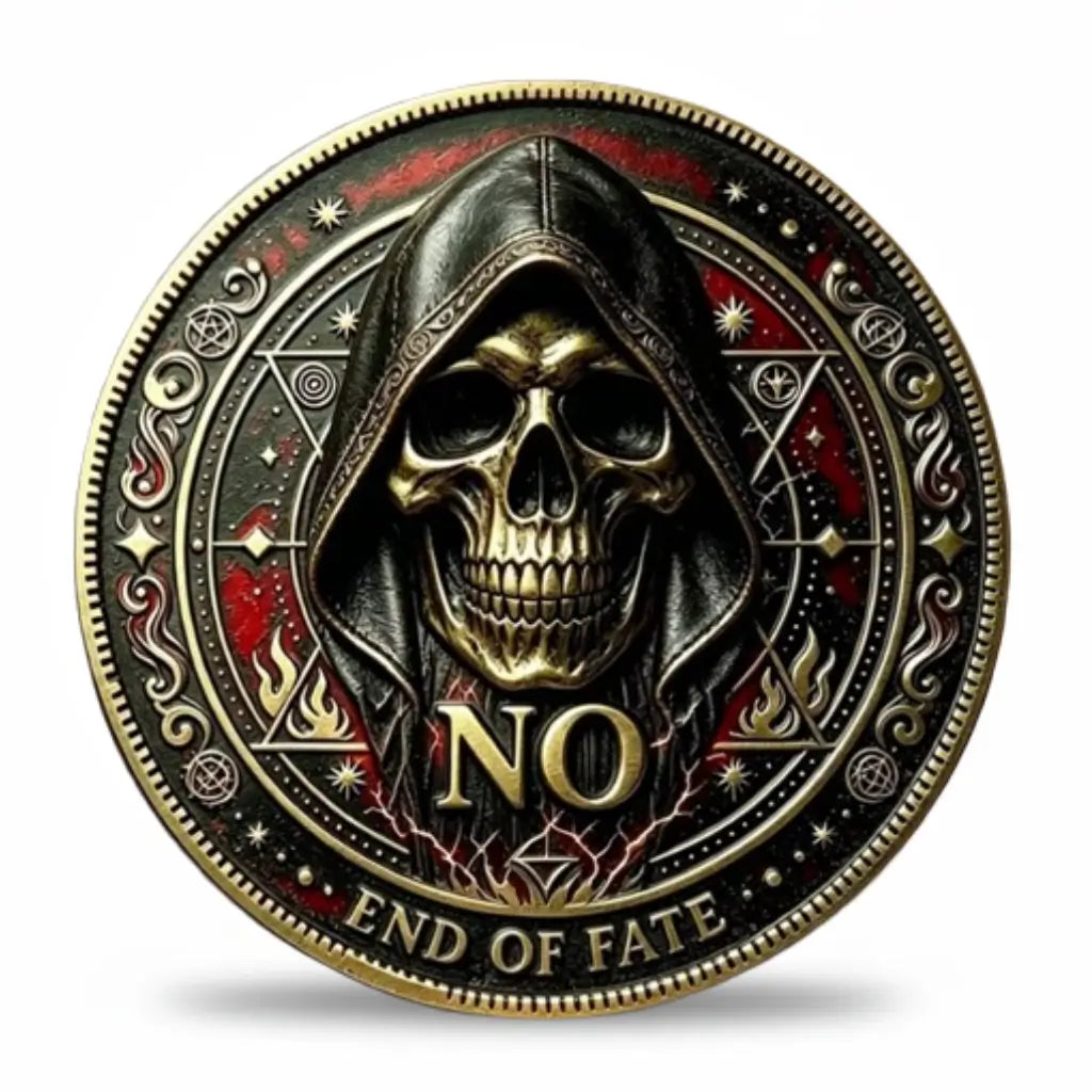 A circular gothic-themed coin featuring a hooded skull with the word 'NO' and the phrase 'END OF FATE' on a white background.
